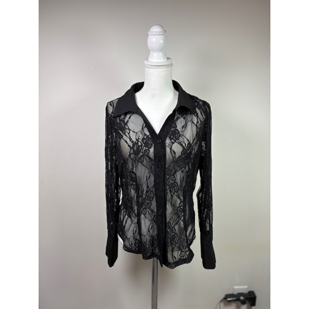 Womens Black Sheer Floral Lace Button Down Blouse Collared Long Sleeve Top